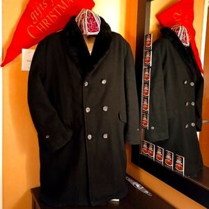 Vintage Fur Collar Double Breast Wool Dress Coat Stroller Peacoat +Holiday Bonus
